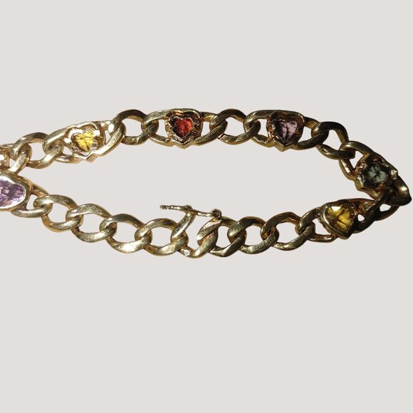 Gold Tone Chain Bracelet Heart-Shaped Multi-Colored Gemstones Toggle Clasp - Picture 1 of 9